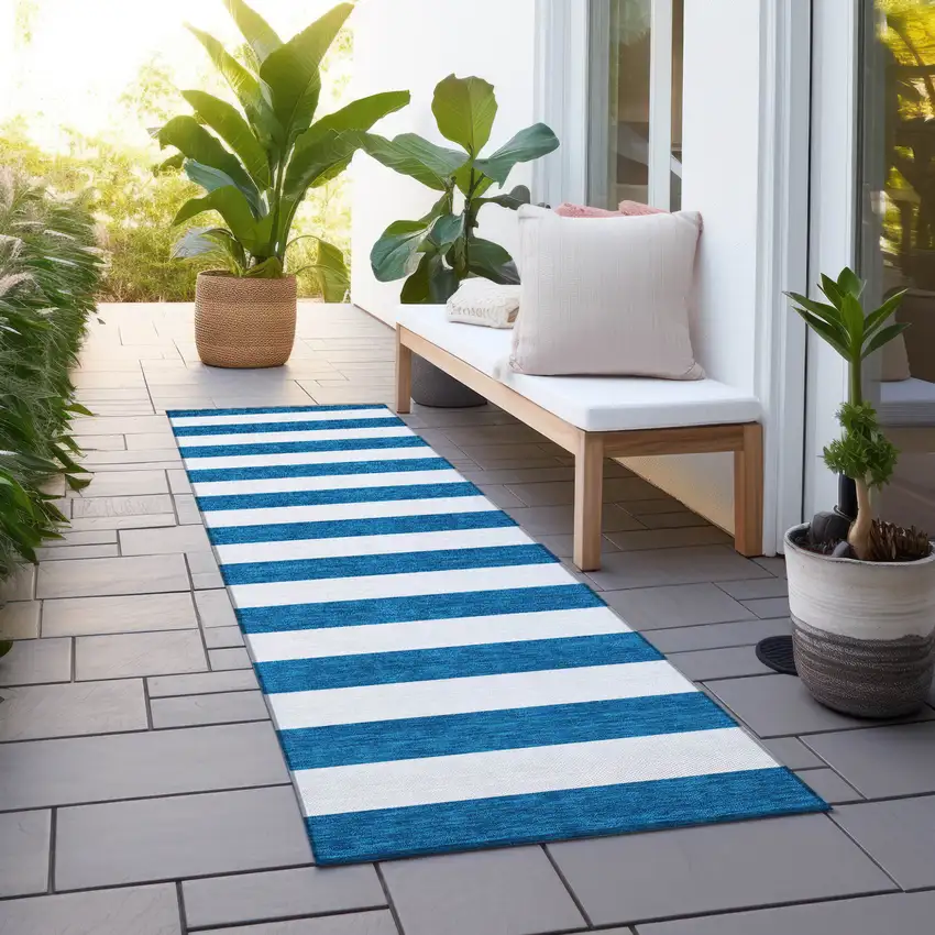 Navy Blue Striped Washable Non Skid Indoor Outdoor Runner Rug Photo 8