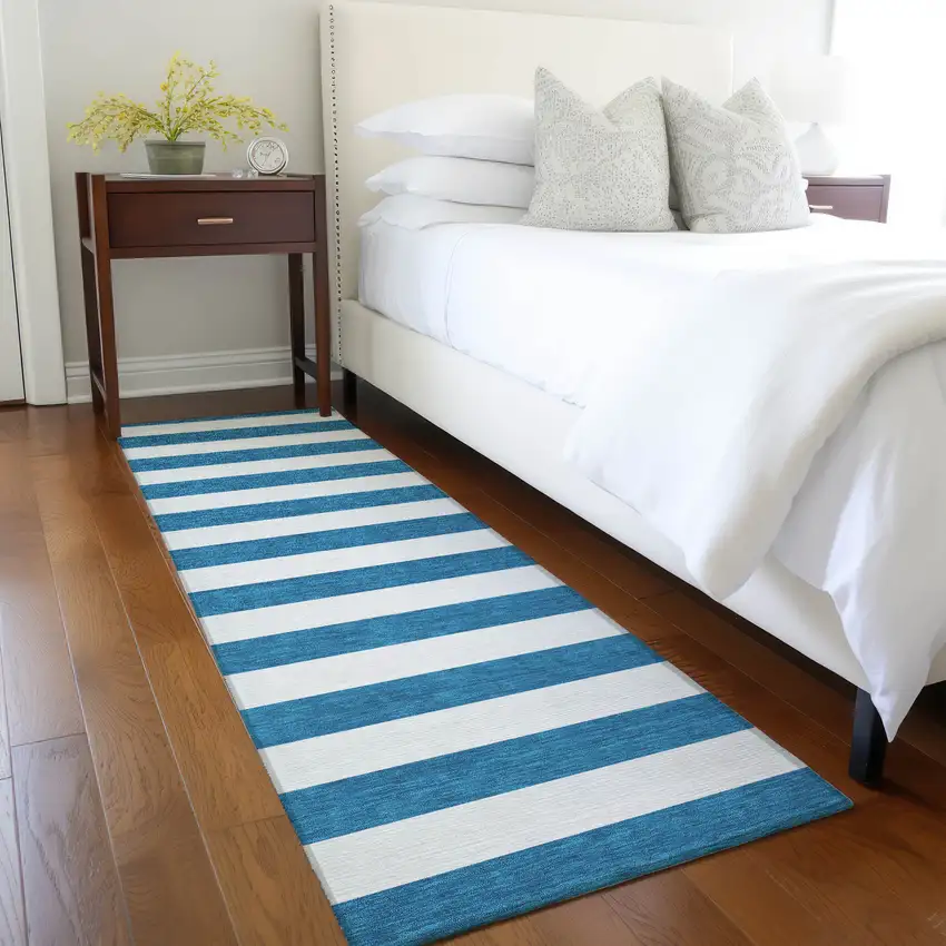 8' Runner Navy Blue Striped Washable Non Skid Indoor Outdoor Runner Rug Photo 9