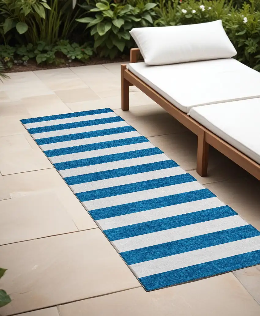 8' Runner Navy Blue Striped Washable Non Skid Indoor Outdoor Runner Rug Photo 1