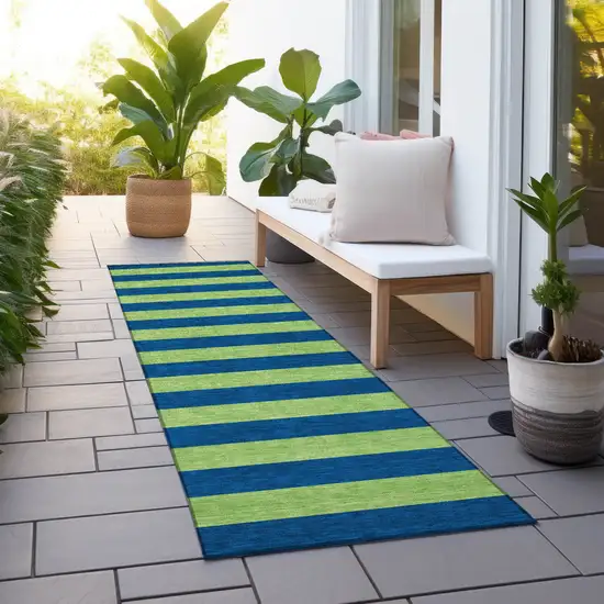 Navy Blue Striped Washable Non Skid Indoor Outdoor Runner Rug Photo 9