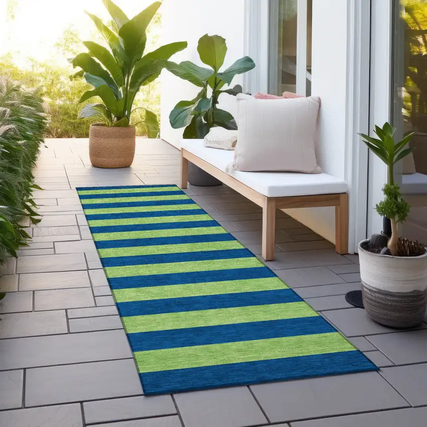 Navy Blue Striped Washable Non Skid Indoor Outdoor Runner Rug Photo 9