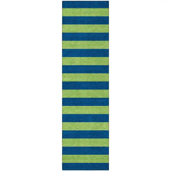 Navy Blue Striped Washable Non Skid Indoor Outdoor Runner Rug Photo 3