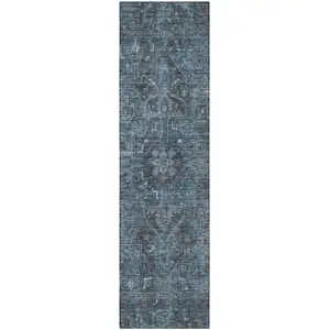 Photo of 8' Runner Navy and Black Oriental Washable Non Skid Indoor Outdoor Runner Rug