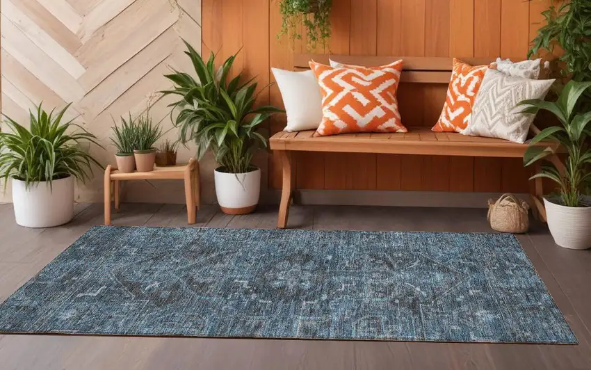 8' Runner Navy and Black Oriental Washable Non Skid Indoor Outdoor Runner Rug Photo 1