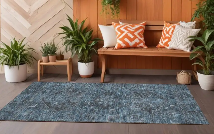 Navy and Black Oriental Washable Non Skid Indoor Outdoor Runner Rug Photo 1