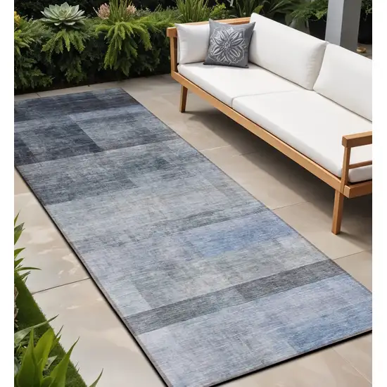 Navy and Gray Ombre Washable Non Skid Indoor Outdoor Runner Rug Photo 1