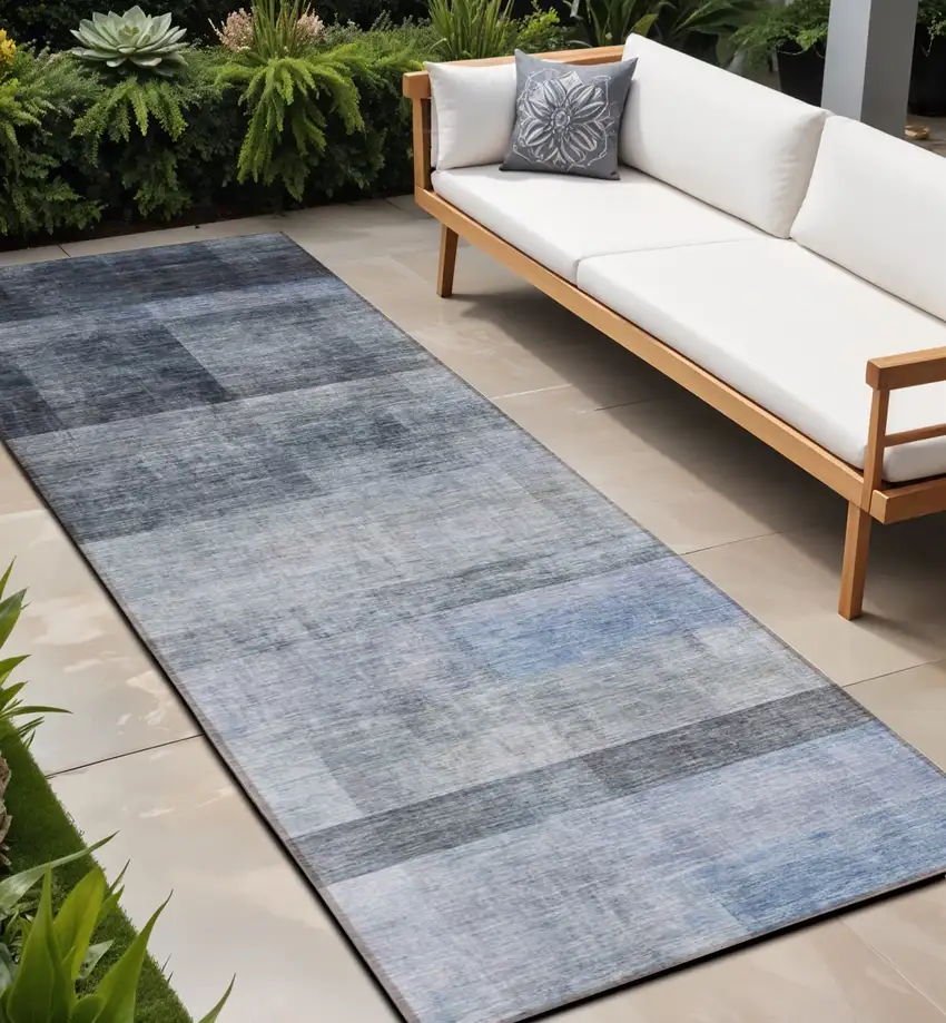 Navy and Gray Ombre Washable Non Skid Indoor Outdoor Runner Rug Photo 1