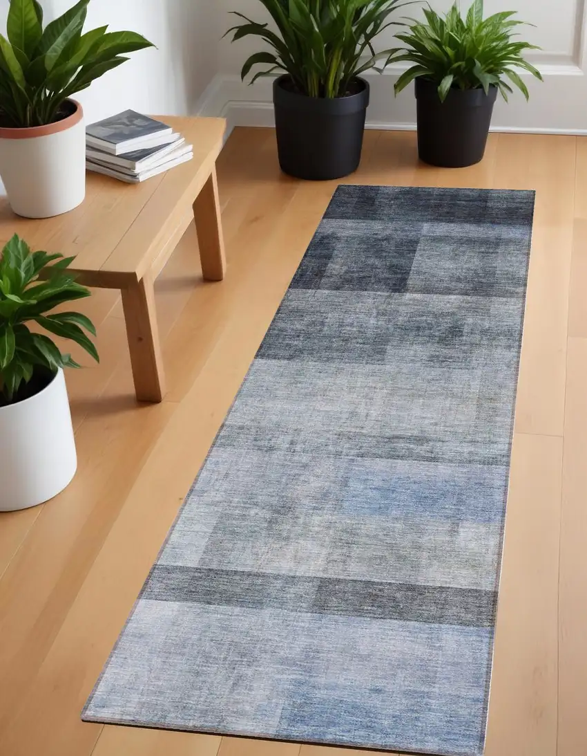 Navy and Gray Ombre Washable Non Skid Indoor Outdoor Runner Rug Photo 1