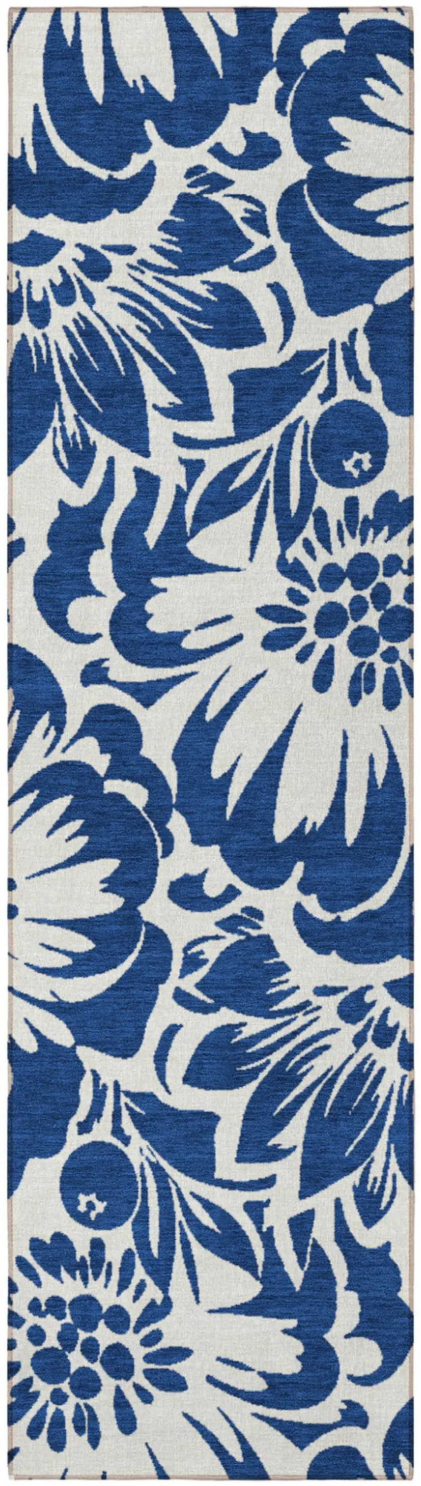 Navy and Ivory Floral Washable Non Skid Indoor Outdoor Runner Rug Photo 4