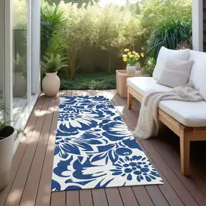 Photo of 8' Runner Navy and Ivory Floral Washable Non Skid Indoor Outdoor Runner Rug