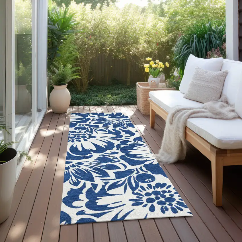 Navy and Ivory Floral Washable Non Skid Indoor Outdoor Runner Rug Photo 8