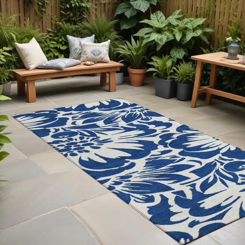 Navy and Ivory Floral Washable Non Skid Indoor Outdoor Runner Rug Photo 1