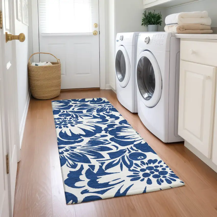 Navy and Ivory Floral Washable Non Skid Indoor Outdoor Runner Rug Photo 9