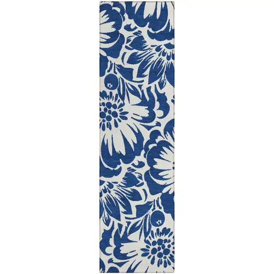 Navy and Ivory Floral Washable Non Skid Indoor Outdoor Runner Rug Photo 2