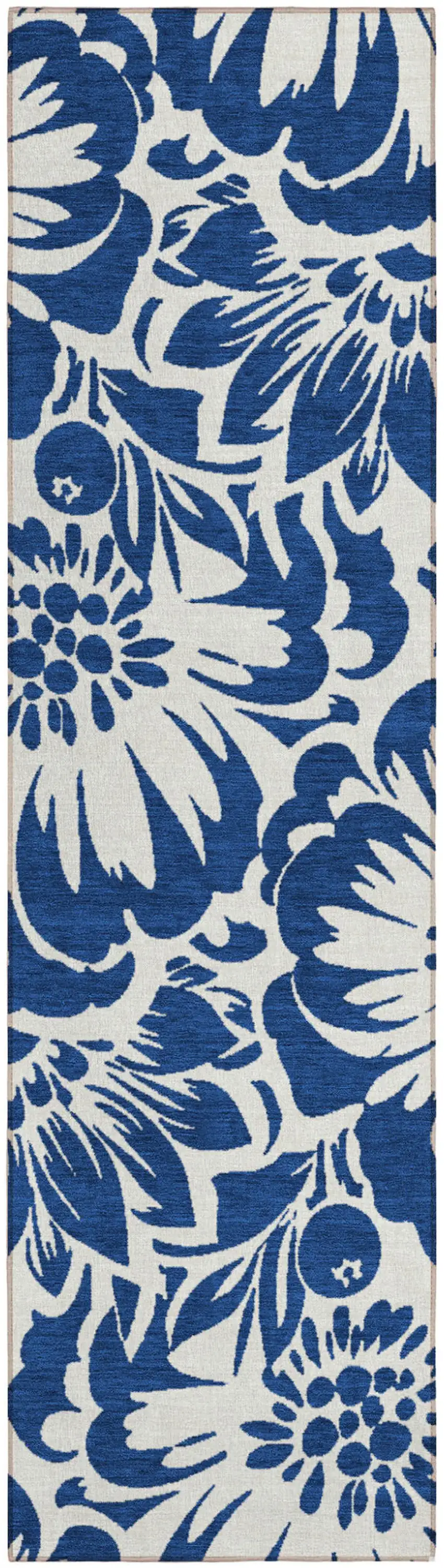 Navy and Ivory Floral Washable Non Skid Indoor Outdoor Runner Rug Photo 2