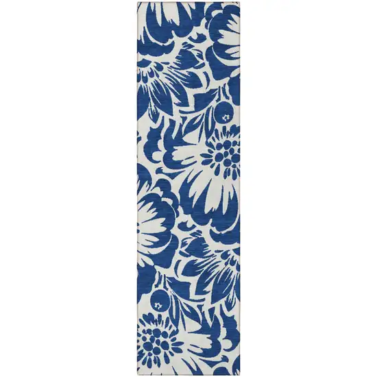 Navy and Ivory Floral Washable Non Skid Indoor Outdoor Runner Rug Photo 5