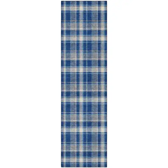 Navy and Ivory Plaid Washable Non Skid Indoor Outdoor Runner Rug Photo 3