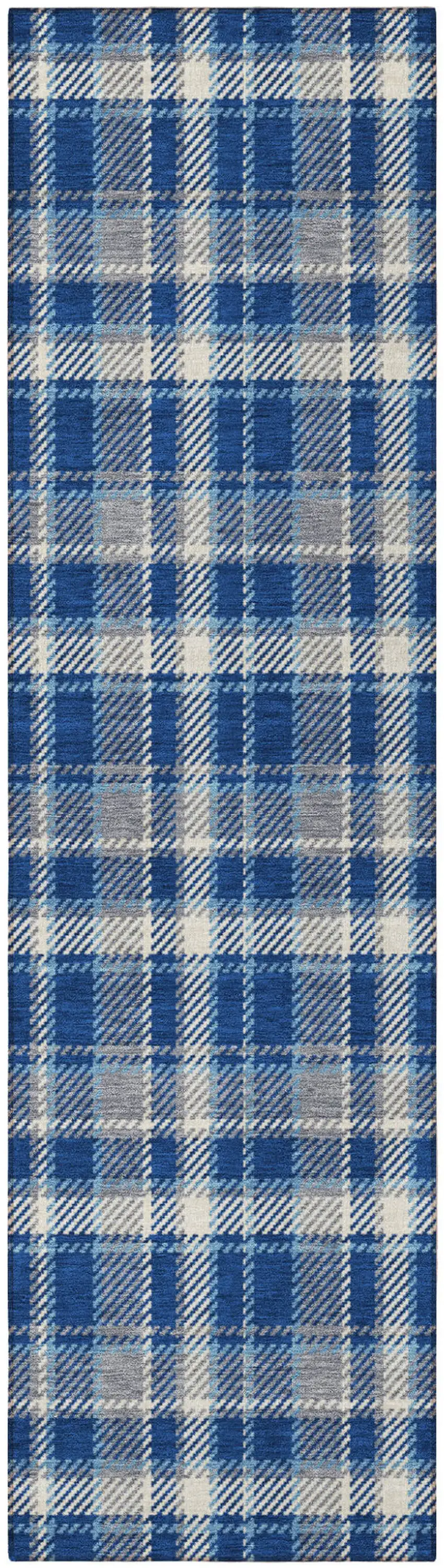 Navy and Ivory Plaid Washable Non Skid Indoor Outdoor Runner Rug Photo 3