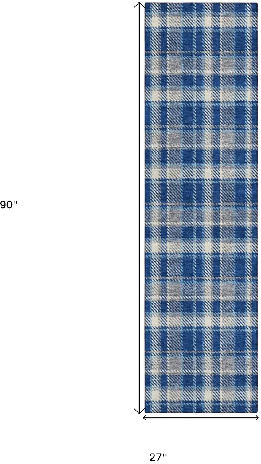 Navy and Ivory Plaid Washable Non Skid Indoor Outdoor Runner Rug Photo 3