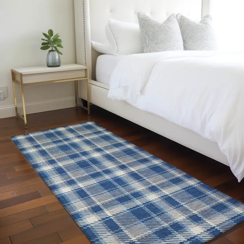 Navy and Ivory Plaid Washable Non Skid Indoor Outdoor Runner Rug Photo 9