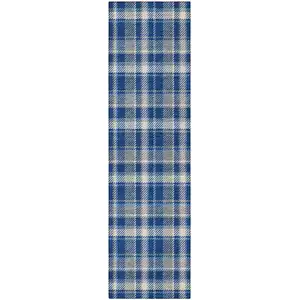 Photo of 8' Runner Navy and Ivory Plaid Washable Non Skid Indoor Outdoor Runner Rug