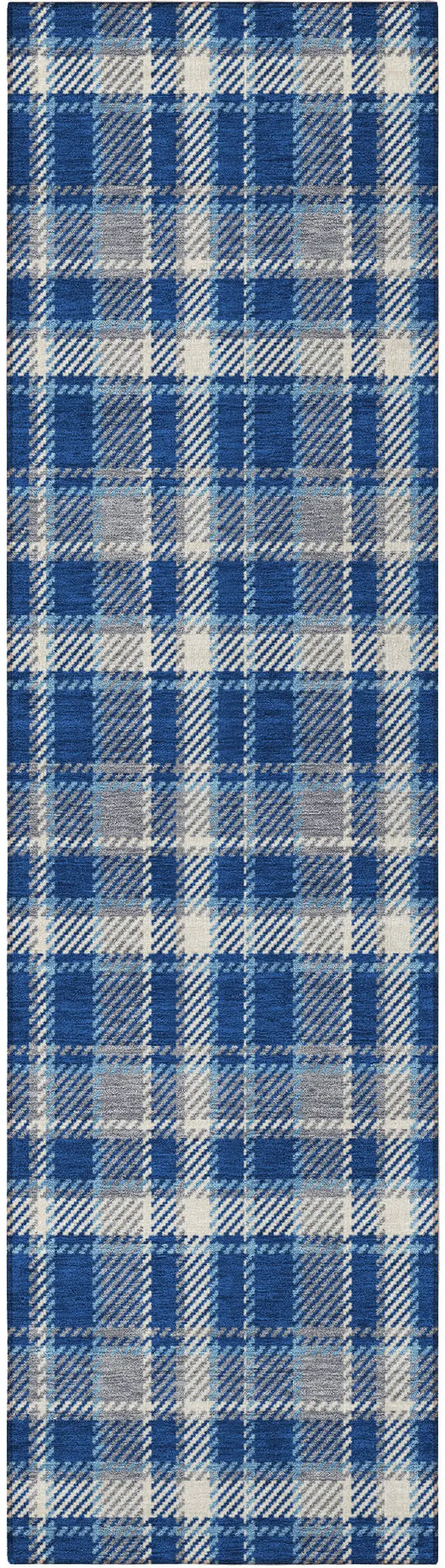 8' Runner Navy and Ivory Plaid Washable Non Skid Indoor Outdoor Runner Rug Photo 4