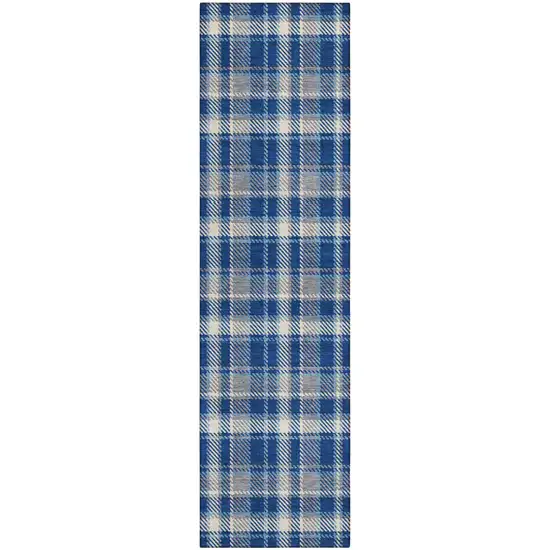 8' Runner Navy and Ivory Plaid Washable Non Skid Indoor Outdoor Runner Rug Photo 2