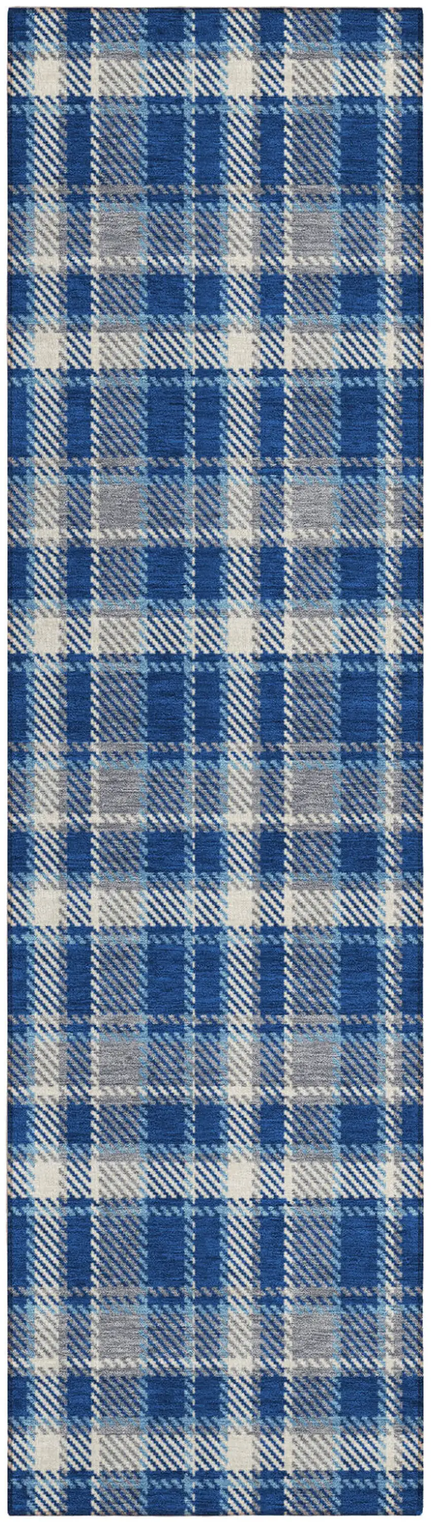 8' Runner Navy and Ivory Plaid Washable Non Skid Indoor Outdoor Runner Rug Photo 2