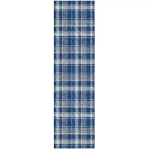 Photo of 8' Runner Navy and Ivory Plaid Washable Non Skid Indoor Outdoor Runner Rug