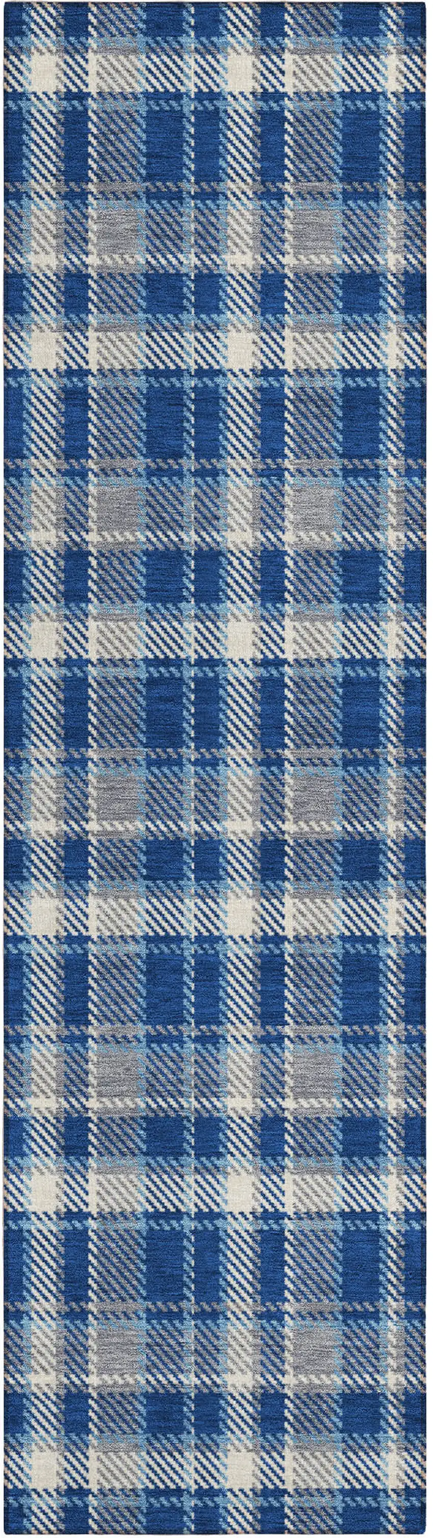 8' Runner Navy and Ivory Plaid Washable Non Skid Indoor Outdoor Runner Rug Photo 2