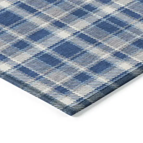Navy and Ivory Plaid Washable Non Skid Indoor Outdoor Runner Rug Photo 6