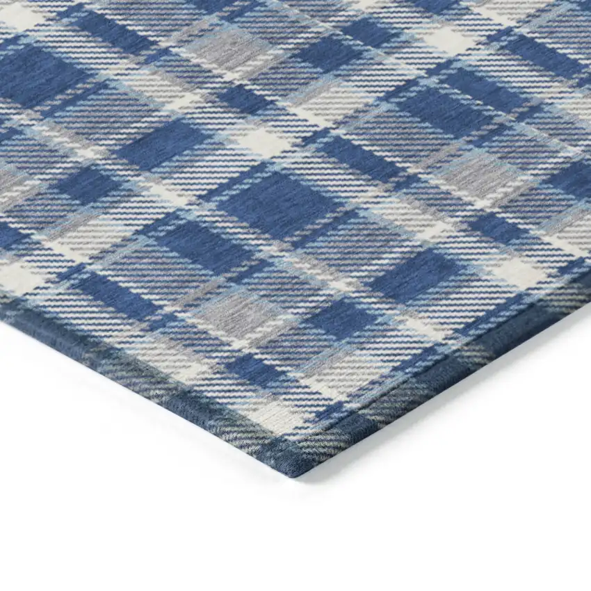 Navy and Ivory Plaid Washable Non Skid Indoor Outdoor Runner Rug Photo 6