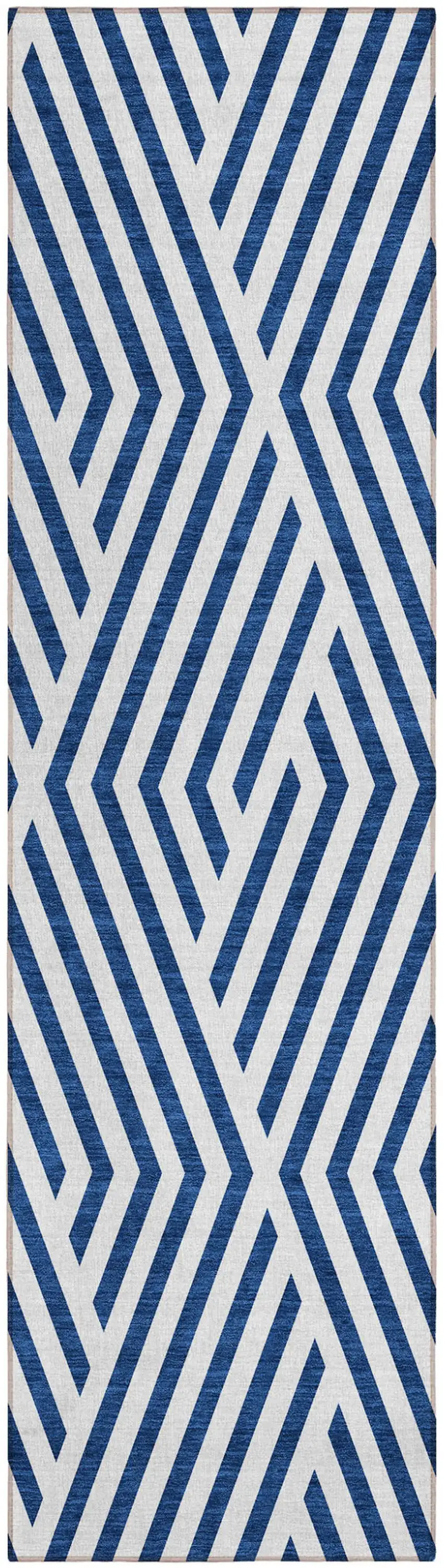 8' Runner Navy and White Geometric Washable Non Skid Indoor Outdoor Runner Rug Photo 1