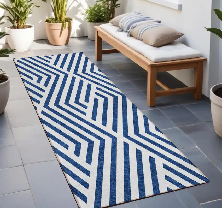 Navy and White Geometric Washable Non Skid Indoor Outdoor Runner Rug Photo 1