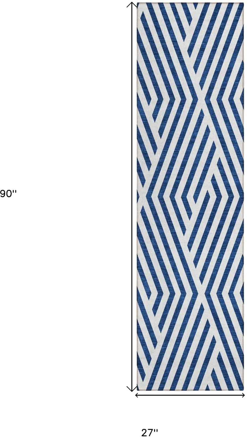 Navy and White Geometric Washable Non Skid Indoor Outdoor Runner Rug Photo 3