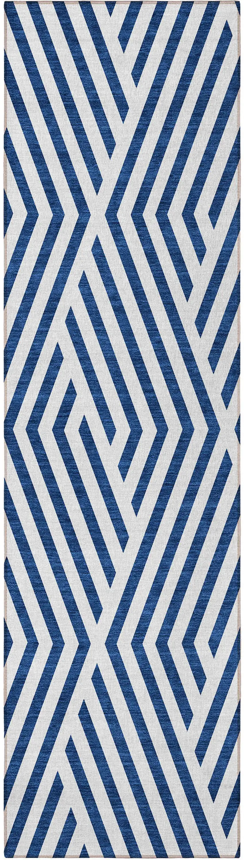 8' Runner Navy and White Geometric Washable Non Skid Indoor Outdoor Runner Rug Photo 3