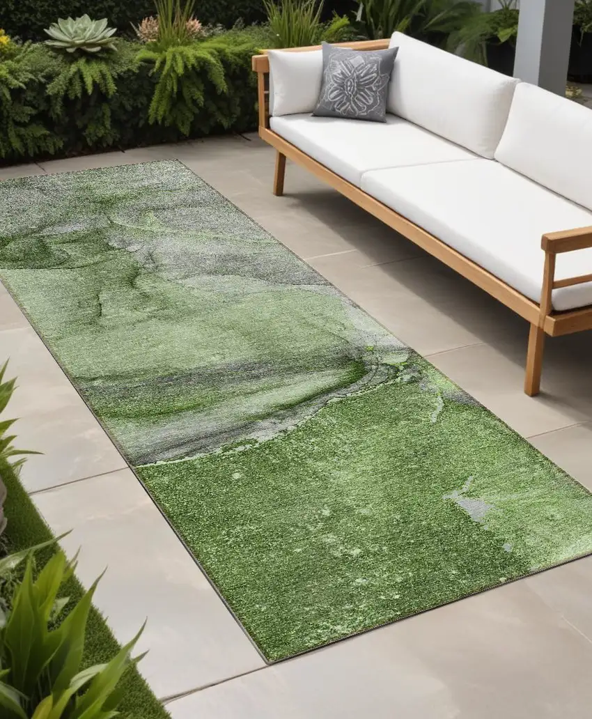 8' Runner Olive Green Abstract Washable Non Skid Indoor Outdoor Runner Rug Photo 1