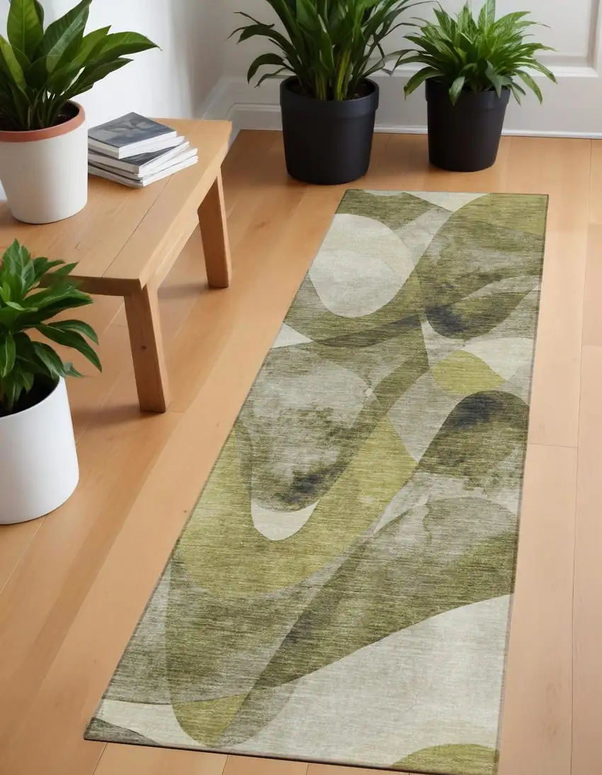 Olive Green Abstract Washable Non Skid Indoor Outdoor Runner Rug Photo 1