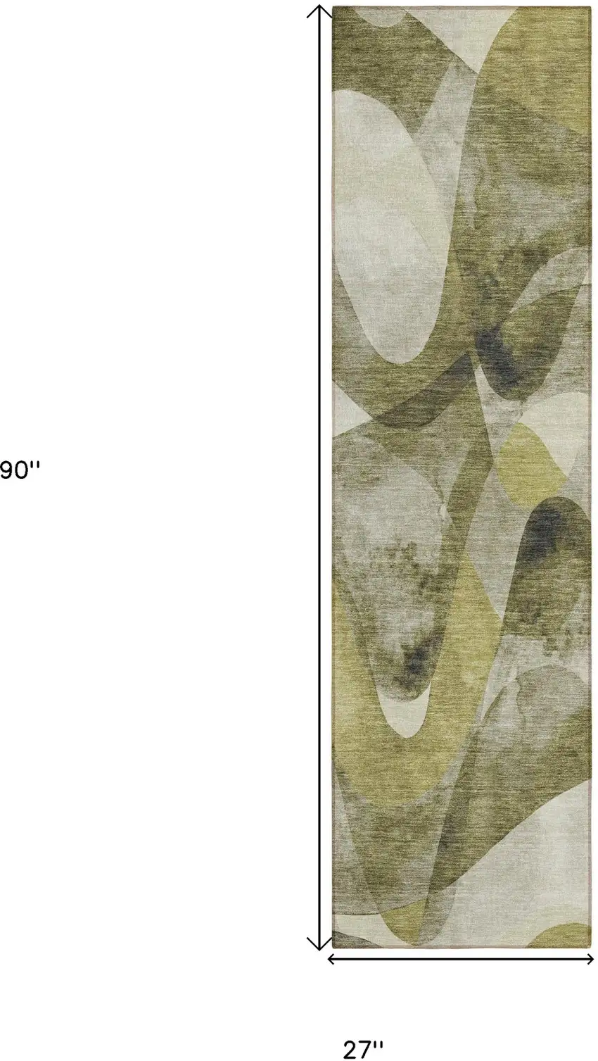 Olive Green Abstract Washable Non Skid Indoor Outdoor Runner Rug Photo 3