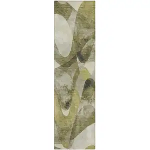 Photo of 8' Runner Olive Green Abstract Washable Non Skid Indoor Outdoor Runner Rug