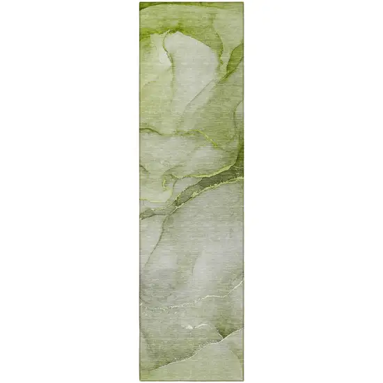 Olive Green Abstract Washable Non Skid Indoor Outdoor Runner Rug Photo 4