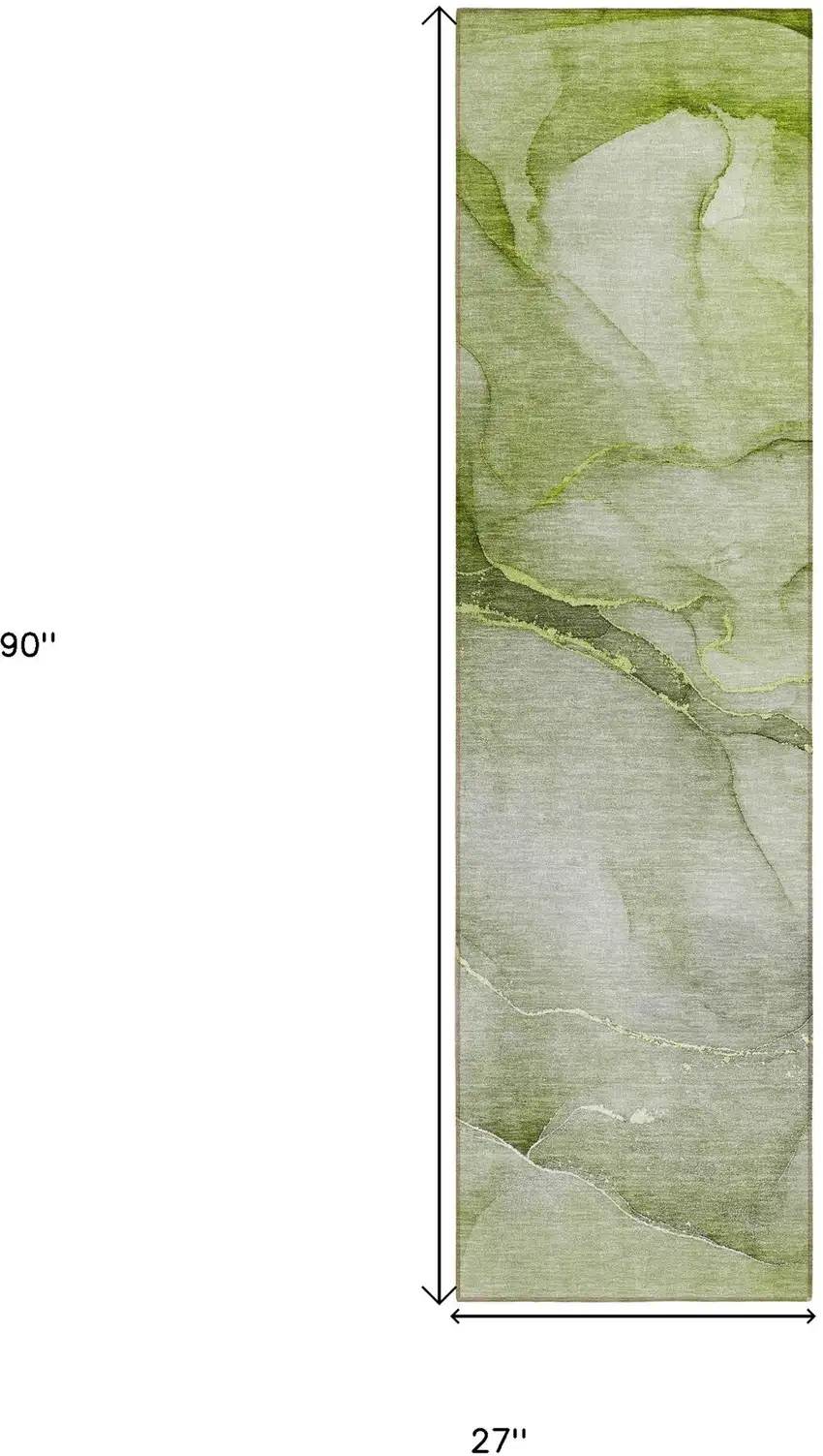 Olive Green Abstract Washable Non Skid Indoor Outdoor Runner Rug Photo 3