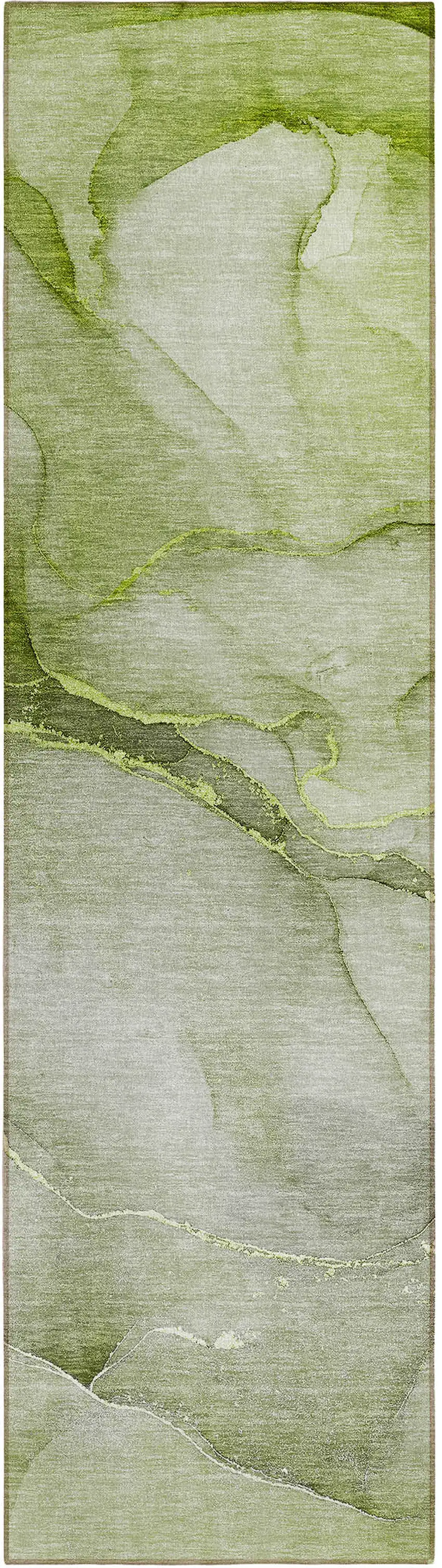 8' Runner Olive Green Abstract Washable Non Skid Indoor Outdoor Runner Rug Photo 2