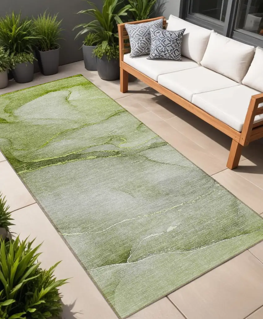 Olive Green Abstract Washable Non Skid Indoor Outdoor Runner Rug Photo 1