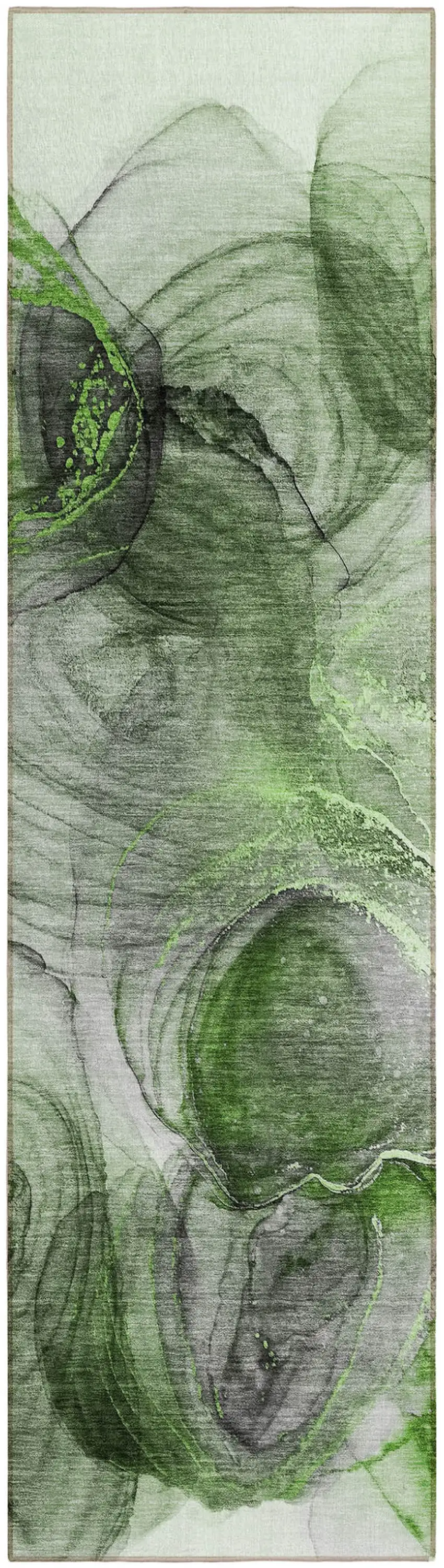 8' Runner Olive Green Abstract Washable Non Skid Indoor Outdoor Runner Rug Photo 2