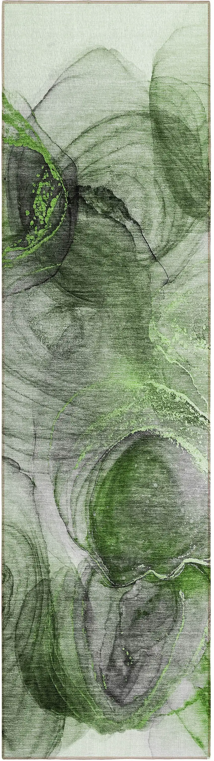 8' Runner Olive Green Abstract Washable Non Skid Indoor Outdoor Runner Rug Photo 2