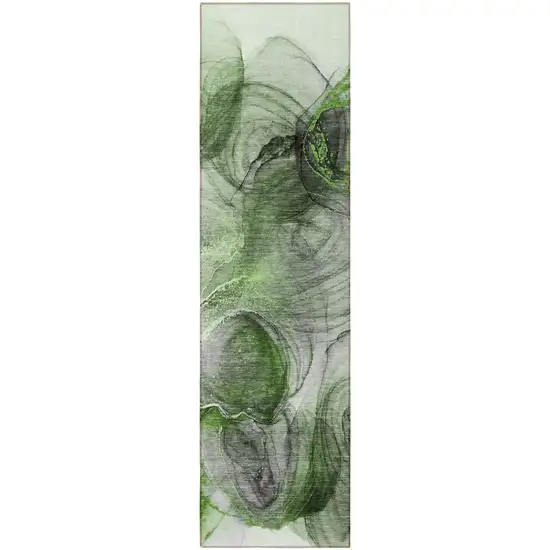 8' Runner Olive Green Abstract Washable Non Skid Indoor Outdoor Runner Rug Photo 4