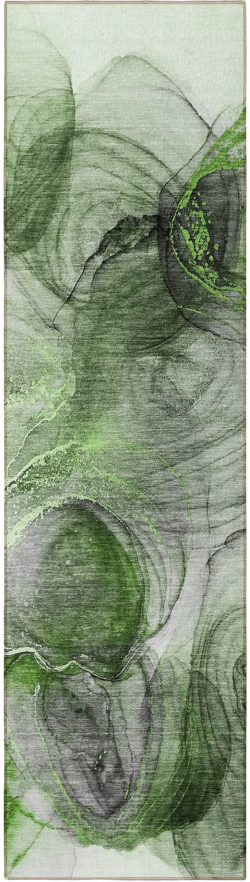 8' Runner Olive Green Abstract Washable Non Skid Indoor Outdoor Runner Rug Photo 4