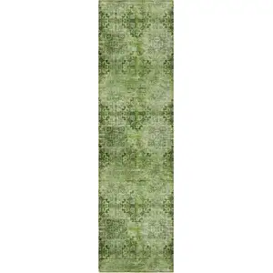 Photo of 8' Runner Olive Green Floral Medallion Washable Non Skid Indoor Outdoor Runner Rug