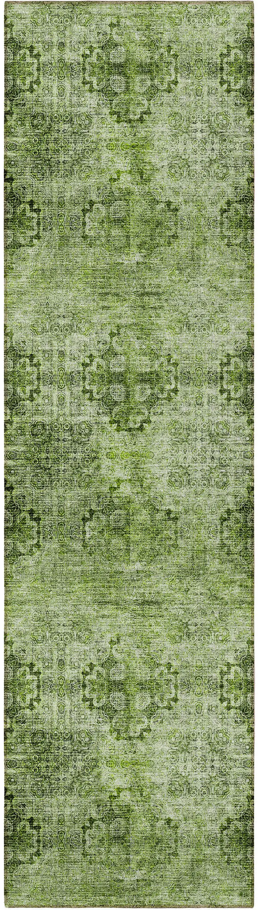 8' Runner Olive Green Floral Medallion Washable Non Skid Indoor Outdoor Runner Rug Photo 3